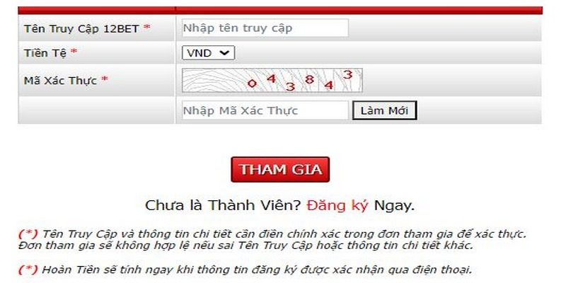 Đăng ký ngay trở thành thành viên 12BEt